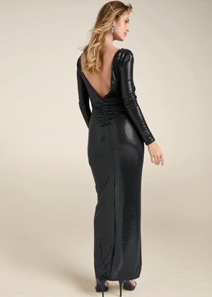 Robe longue à fente haute et sequins - Noir - thumbnail-6