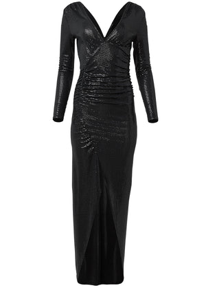 Robe longue à fente haute et sequins - Noir - thumbnail-5