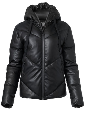 Faux Leather Puffer Jacket - Black - thumbnail-6