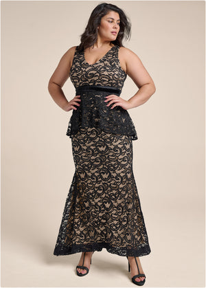 Robe longue en dentelle à volants - Noir - thumbnail-6