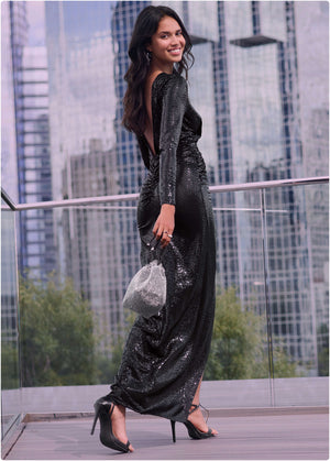 Robe longue à fente haute et sequins - Noir - thumbnail-2