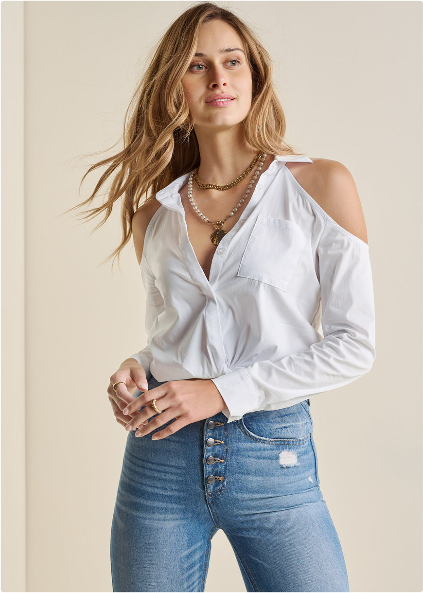 Cold-Shoulder Button-Up Top - White