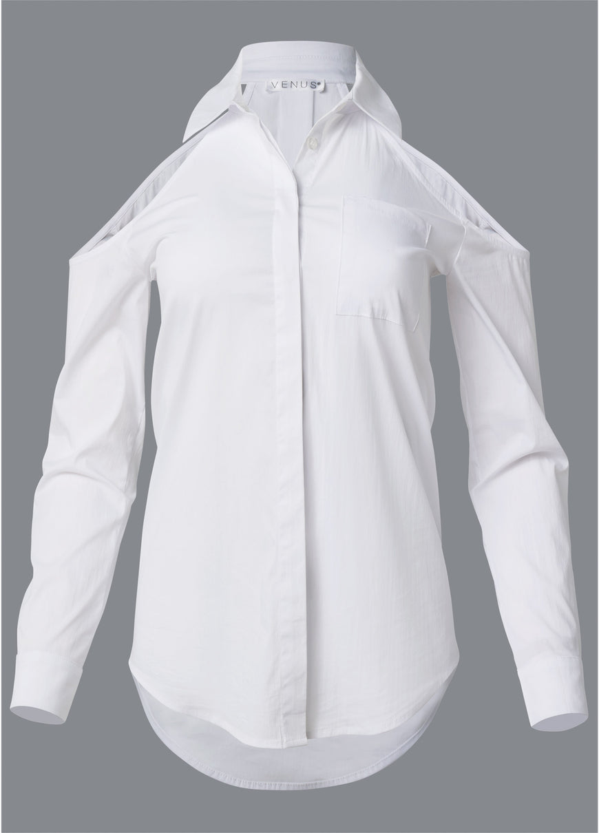 Cold-Shoulder Button-Up Top - White