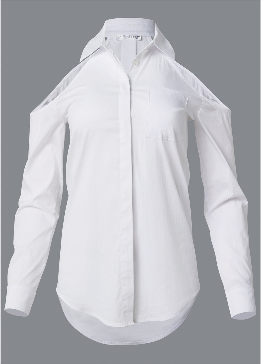 Cold-Shoulder Button-Up Top - White