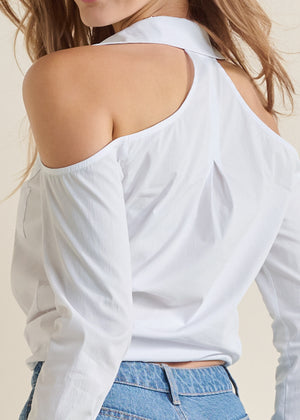 Cold-Shoulder Button-Up Top - White - thumbnail-5