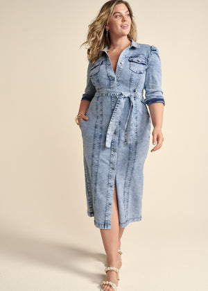Tie-Waist Denim Midi Dress - Acid Wash - thumbnail-4