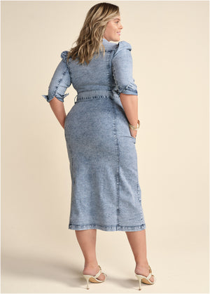 Tie-Waist Denim Midi Dress - Acid Wash - thumbnail-5