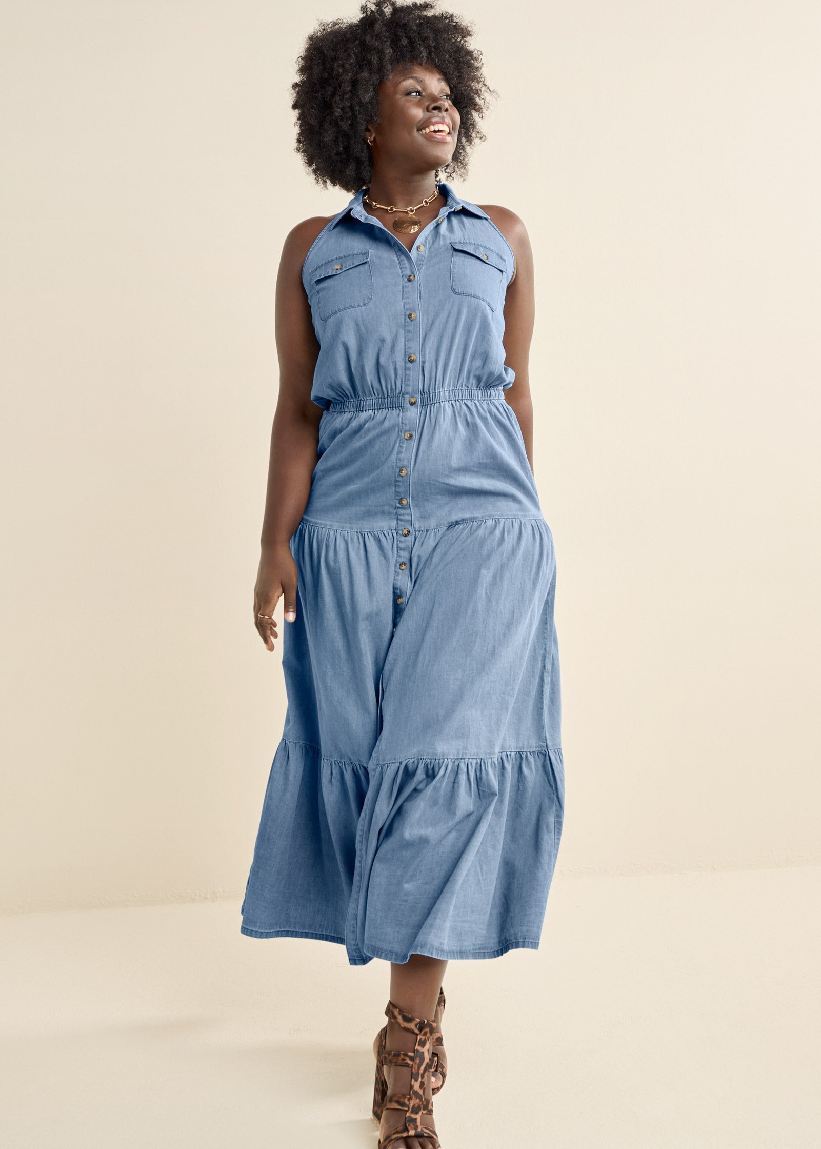 Chambray Tiered Maxi Dress - Medium Wash – VENUS
