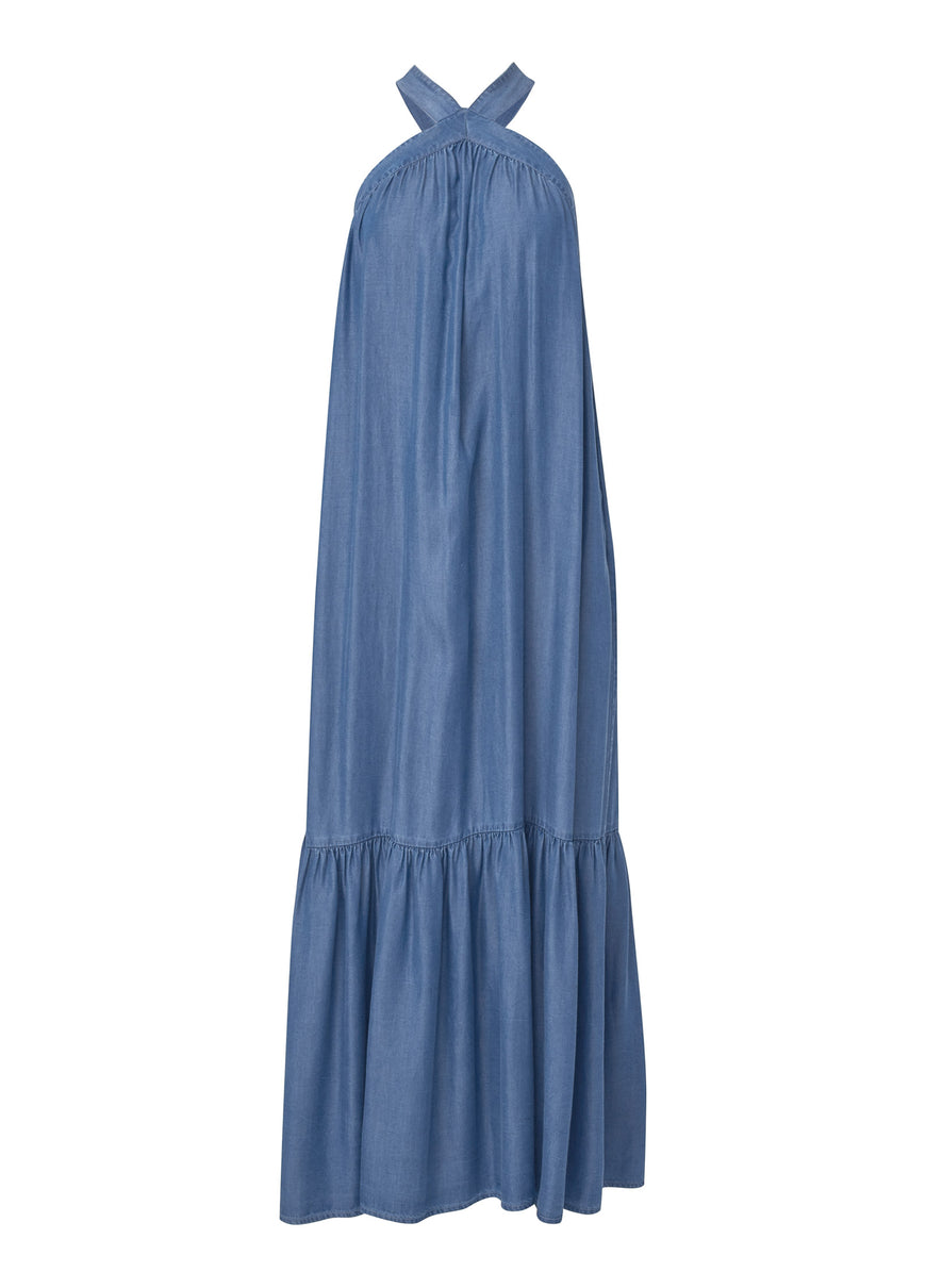 Chambray Tiered Maxi Dress - Medium Wash