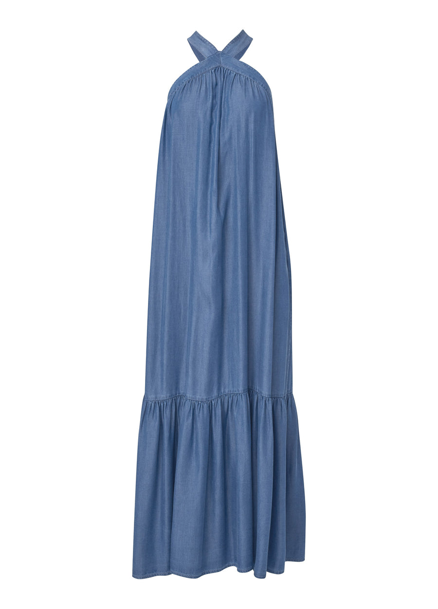 Chambray Tiered Maxi Dress - Medium Wash