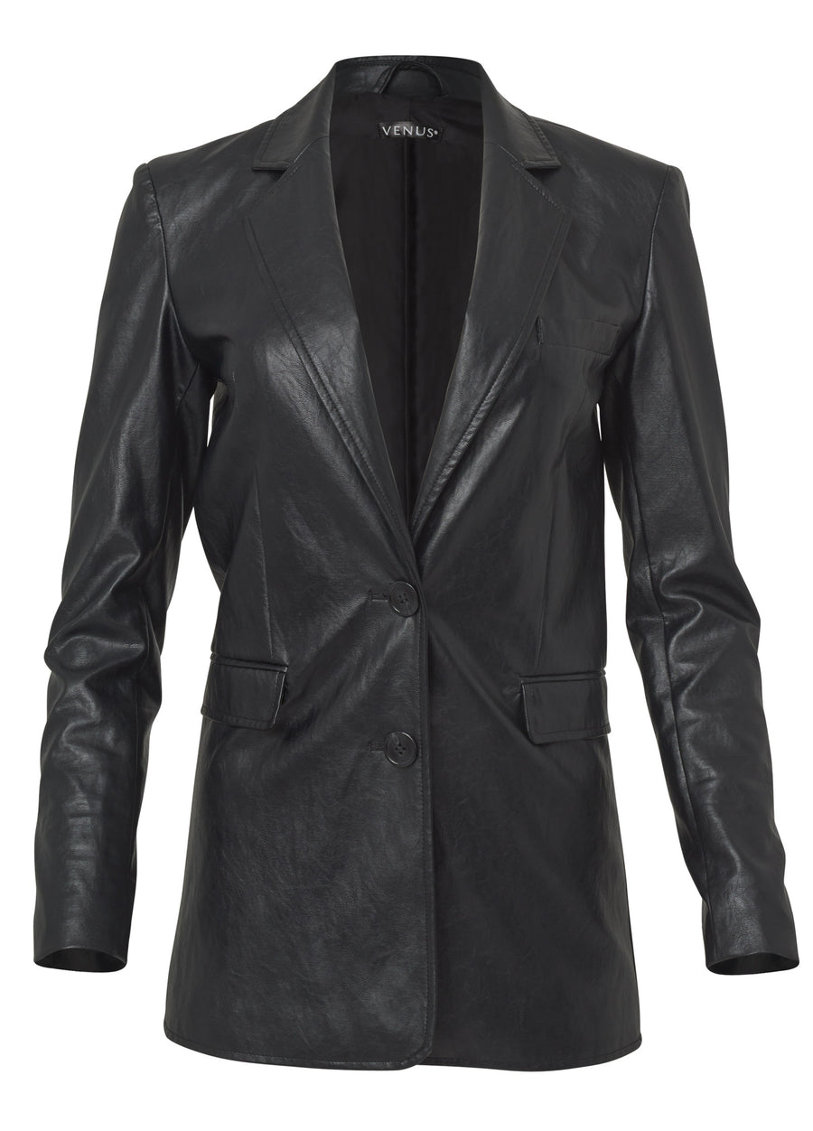 Faux-Leather Blazer - Jet Black