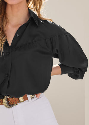 Satin Long Sleeve Blouse - Jet Black - thumbnail-4