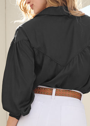 Satin Long Sleeve Blouse - Jet Black - thumbnail-5