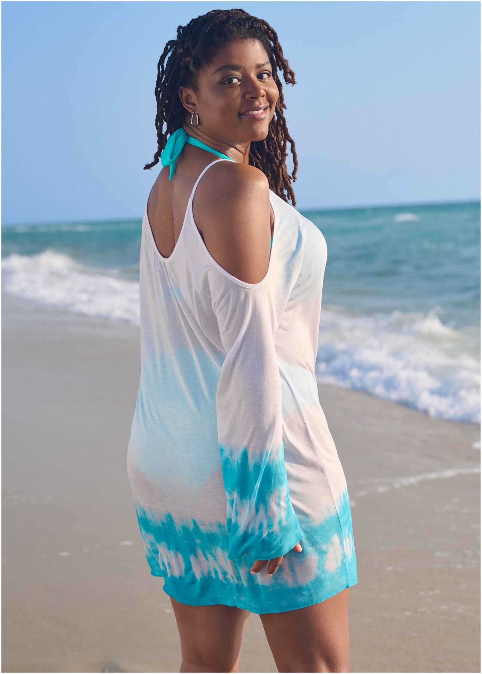 トップス NICENESS High Summer Capsule Collection Cold Shoulder Cover-Up - Aqua & White – VENUS