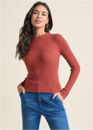 Ribbed Long Sleeve Top - Rust - thumbnail-1
