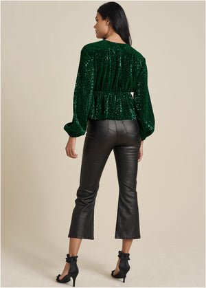 Allover Sequin Wrap Top - Green - thumbnail-2
