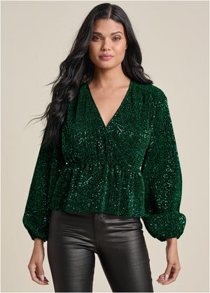 Allover Sequin Wrap Top - Green - thumbnail-1