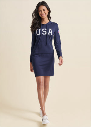 USA Hooded Lounge Dress - Navy - thumbnail-2
