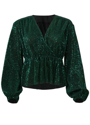Allover Sequin Wrap Top - Green - thumbnail-5
