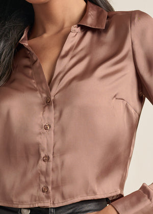 Satin Crop Blouse - Taupe - thumbnail-3