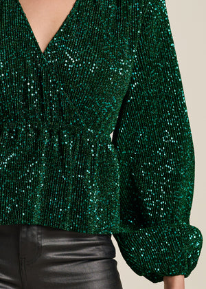 Allover Sequin Wrap Top - Green - thumbnail-3