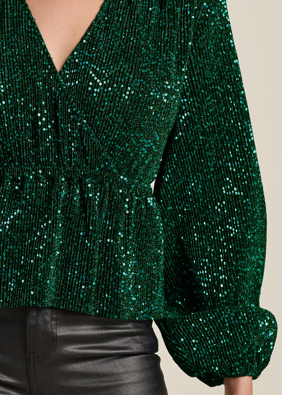 Allover Sequin Wrap Top - Green
