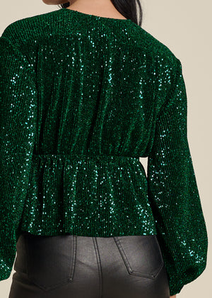 Allover Sequin Wrap Top - Green - thumbnail-4