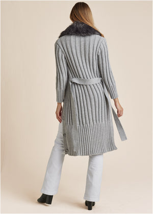 Faux Fur Collar Duster - Light Heather Grey - thumbnail-2