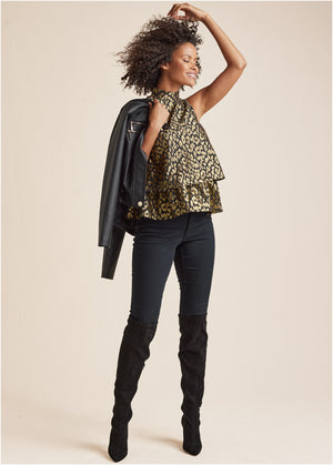 Tiered Hem Mock Neck Top - Black Multi - thumbnail-2