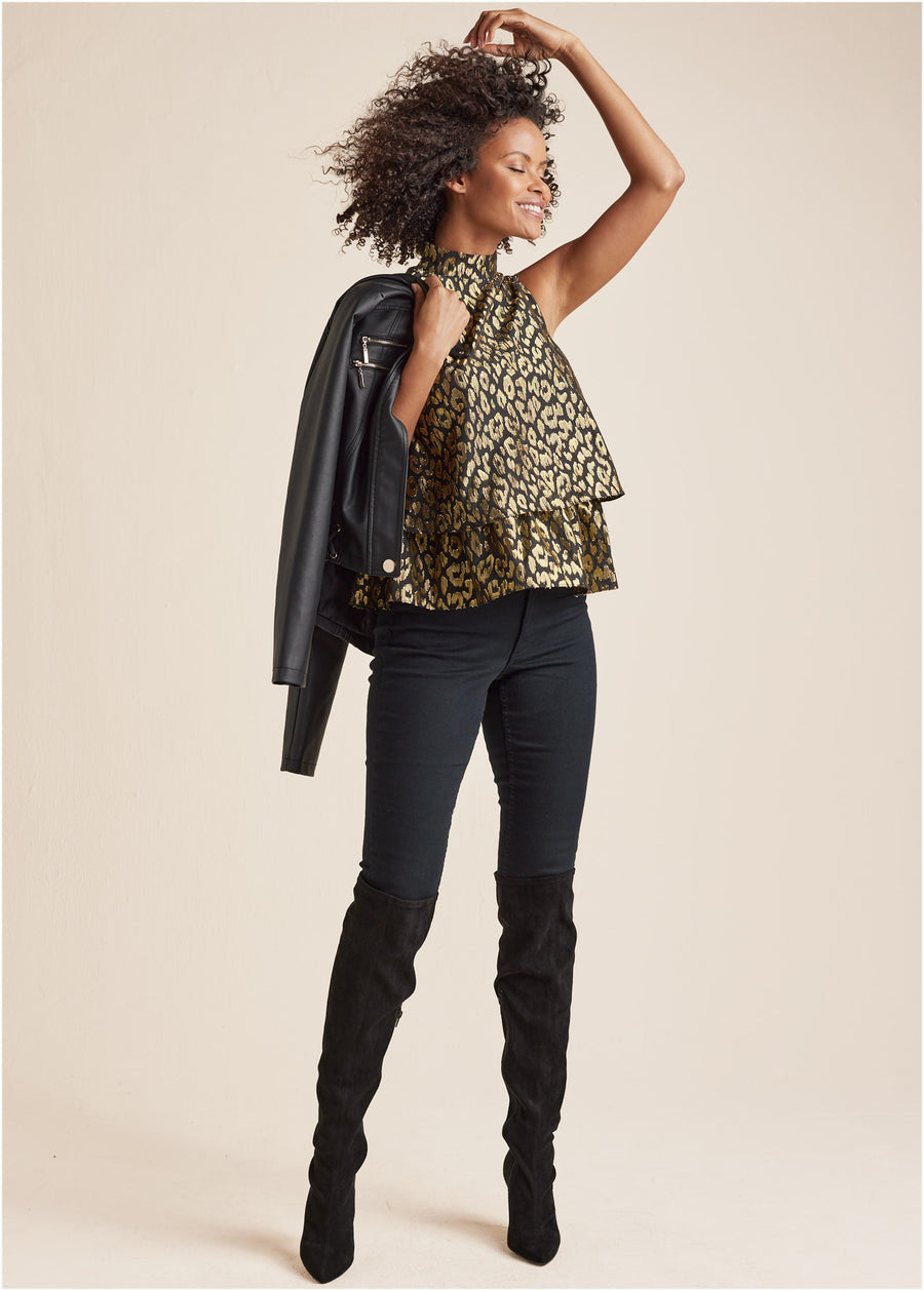 Tiered Hem Mock Neck Top - Black Multi