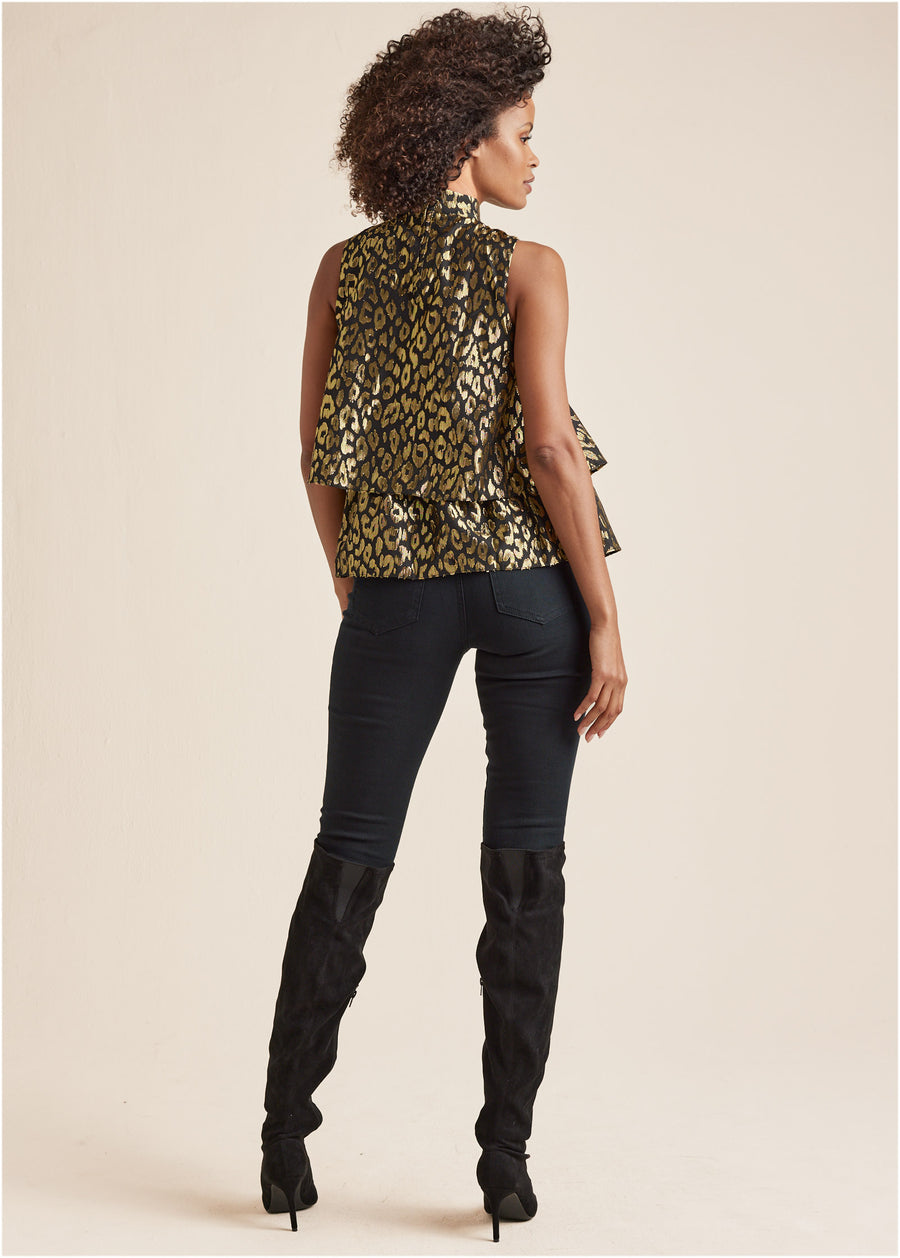 Tiered Hem Mock Neck Top - Black Multi