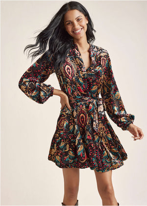 Burnout Velvet Mini Dress - Black Multi - thumbnail-1