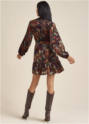 Burnout Velvet Mini Dress - Black Multi - thumbnail-3