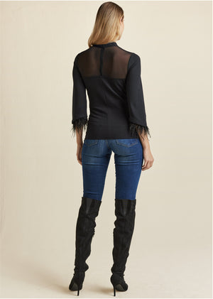 Feather Cuff Mock Neck Top - Black - thumbnail-2