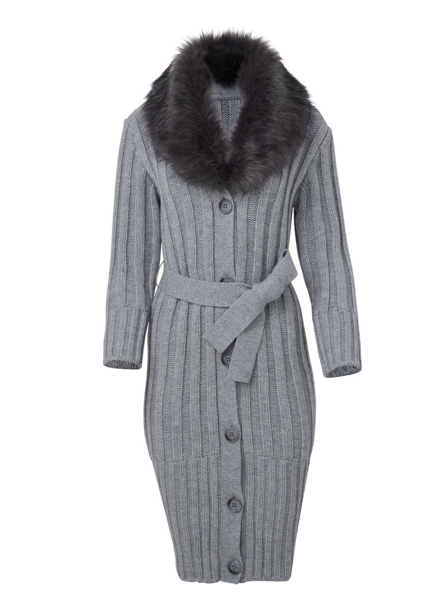 Faux Fur Collar Duster - Light Heather Grey