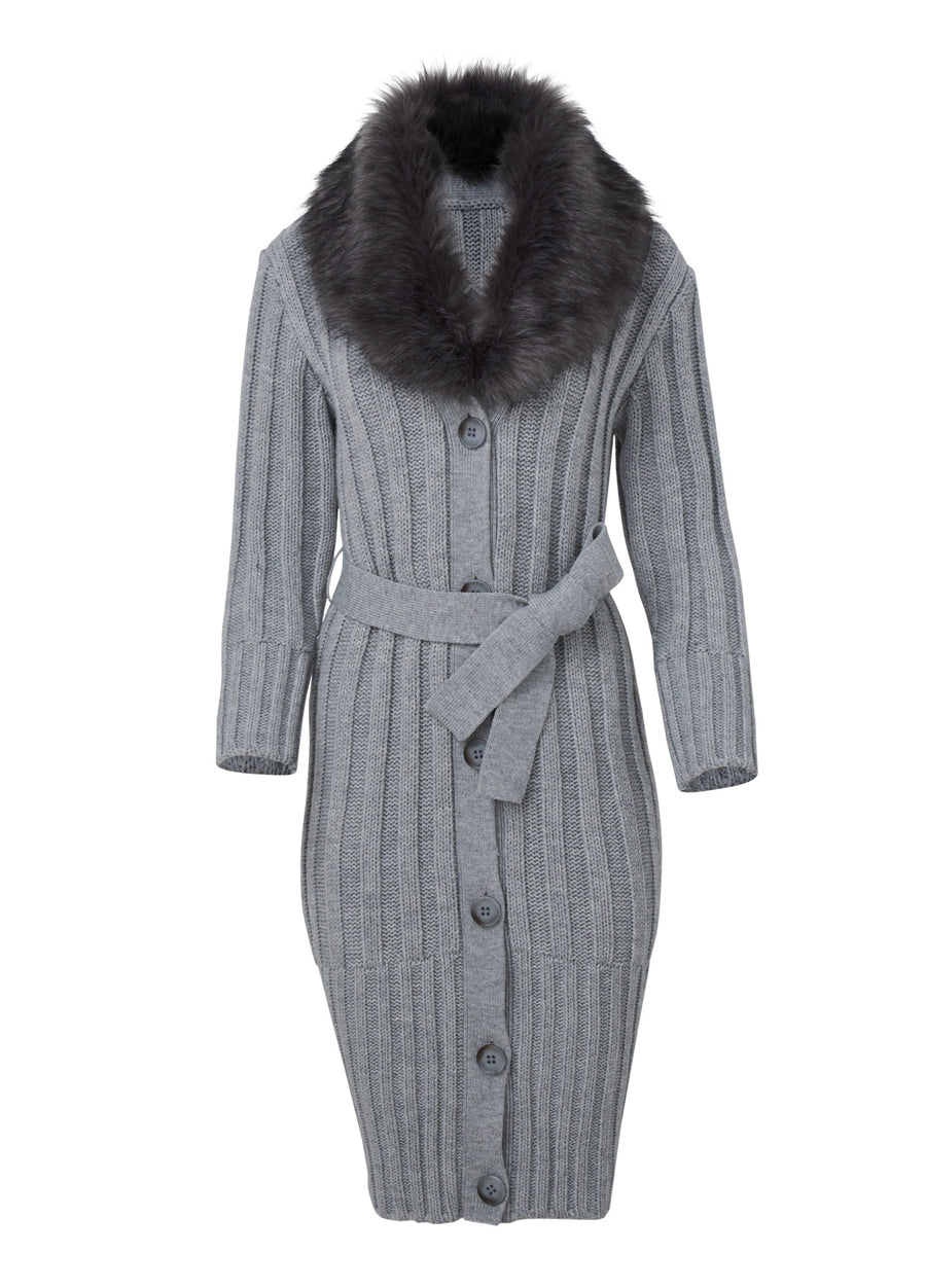 Faux Fur Collar Duster - Light Heather Grey