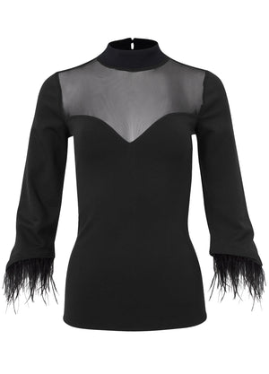 Feather Cuff Mock Neck Top - Black - thumbnail-5