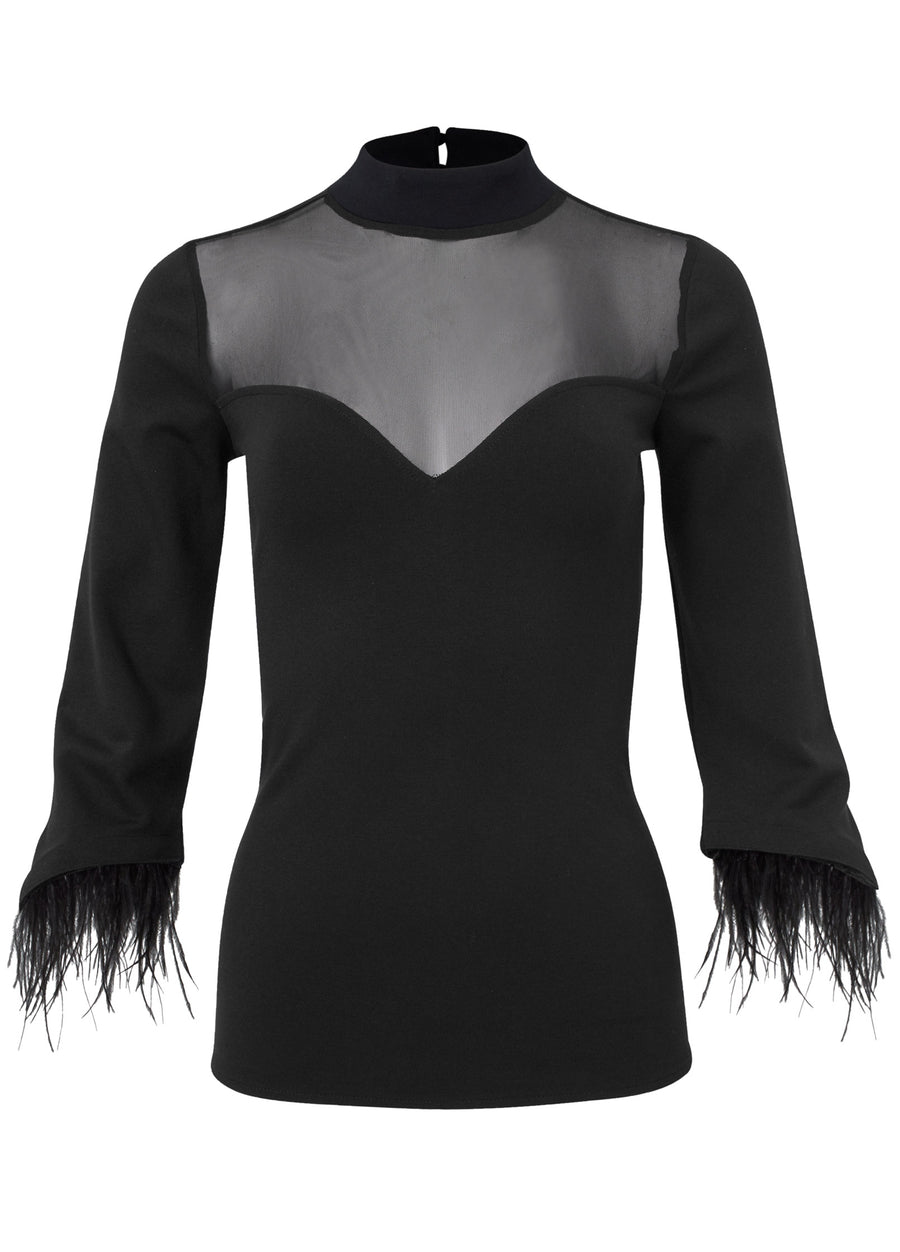 Feather Cuff Mock Neck Top - Black