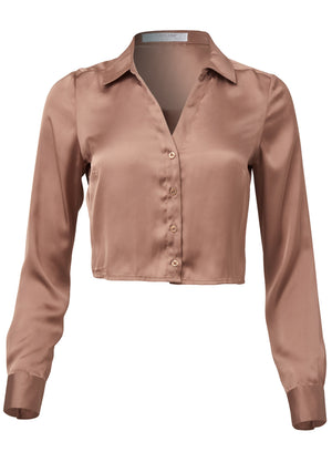 Satin Crop Blouse - Taupe - thumbnail-5