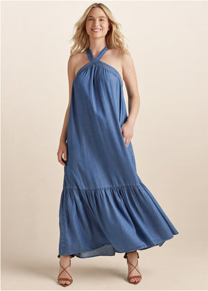 Chambray Tiered Maxi Dress - Medium Wash - thumbnail-6
