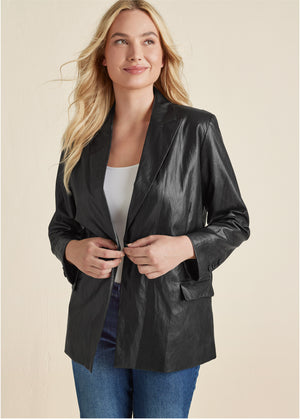 Faux-Leather Blazer - Jet Black - thumbnail-5