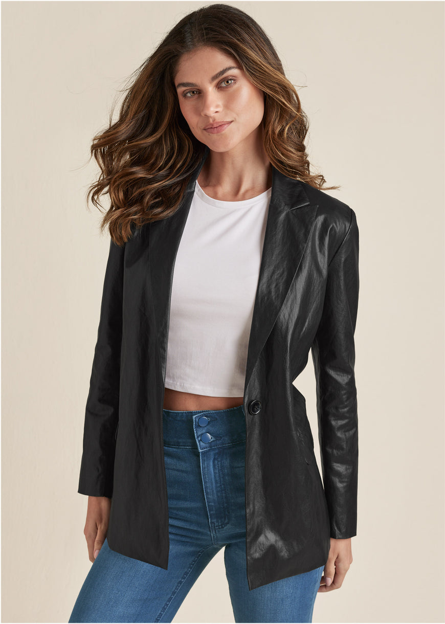 Faux-Leather Blazer - Jet Black