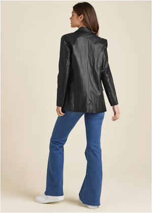 Faux-Leather Blazer - Jet Black - thumbnail-3