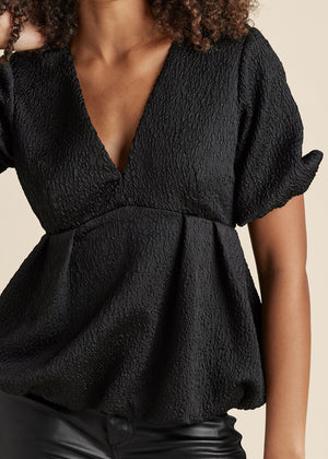 Textured V-Neck Top - Black - thumbnail-3