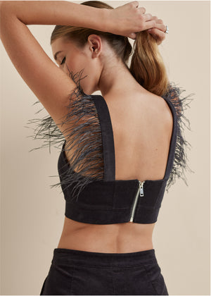 Feather Trim Crop Top - Jet Black - thumbnail-4