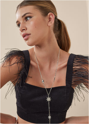 Feather Trim Crop Top - Jet Black - thumbnail-3