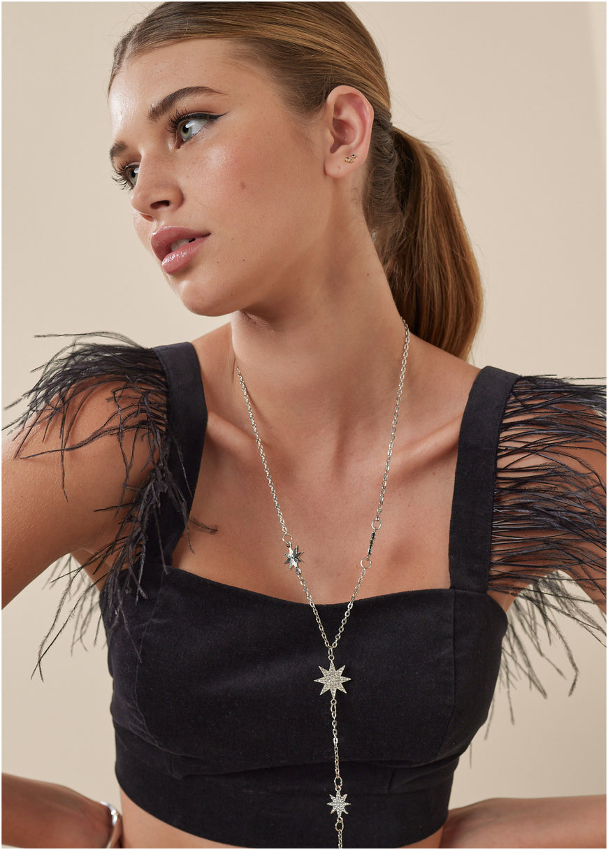 Feather Trim Crop Top - Jet Black