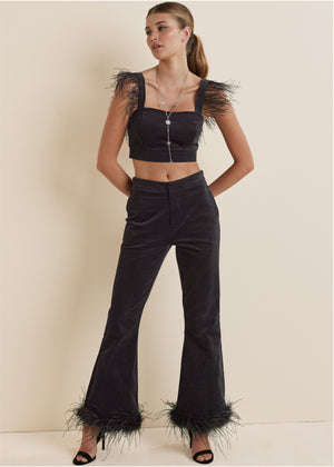Feather Trim Crop Top - Jet Black - thumbnail-6