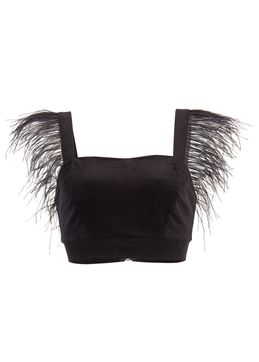 Feather Trim Crop Top - Jet Black