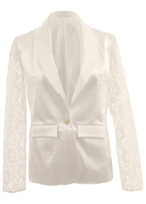 Lace Sleeve Tuxedo Blazer - Off White - thumbnail-5